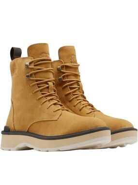 New SOREL Hi-Line Leather Platform Combat Boots Geo Yellow/Jet Waterproof Size 9